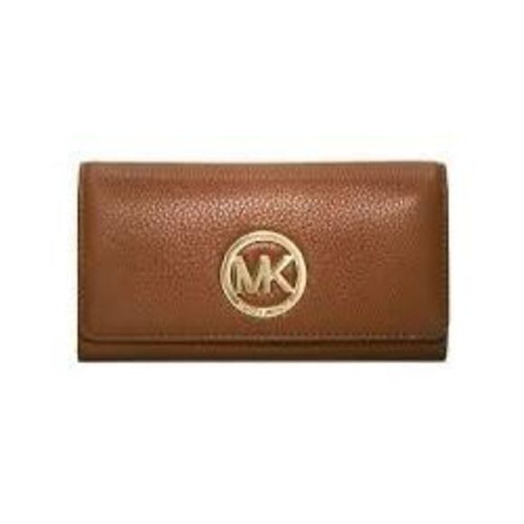 Michael Kors Fulton Carryall Leather Wallet Camel Brown Gold Hardware Classic